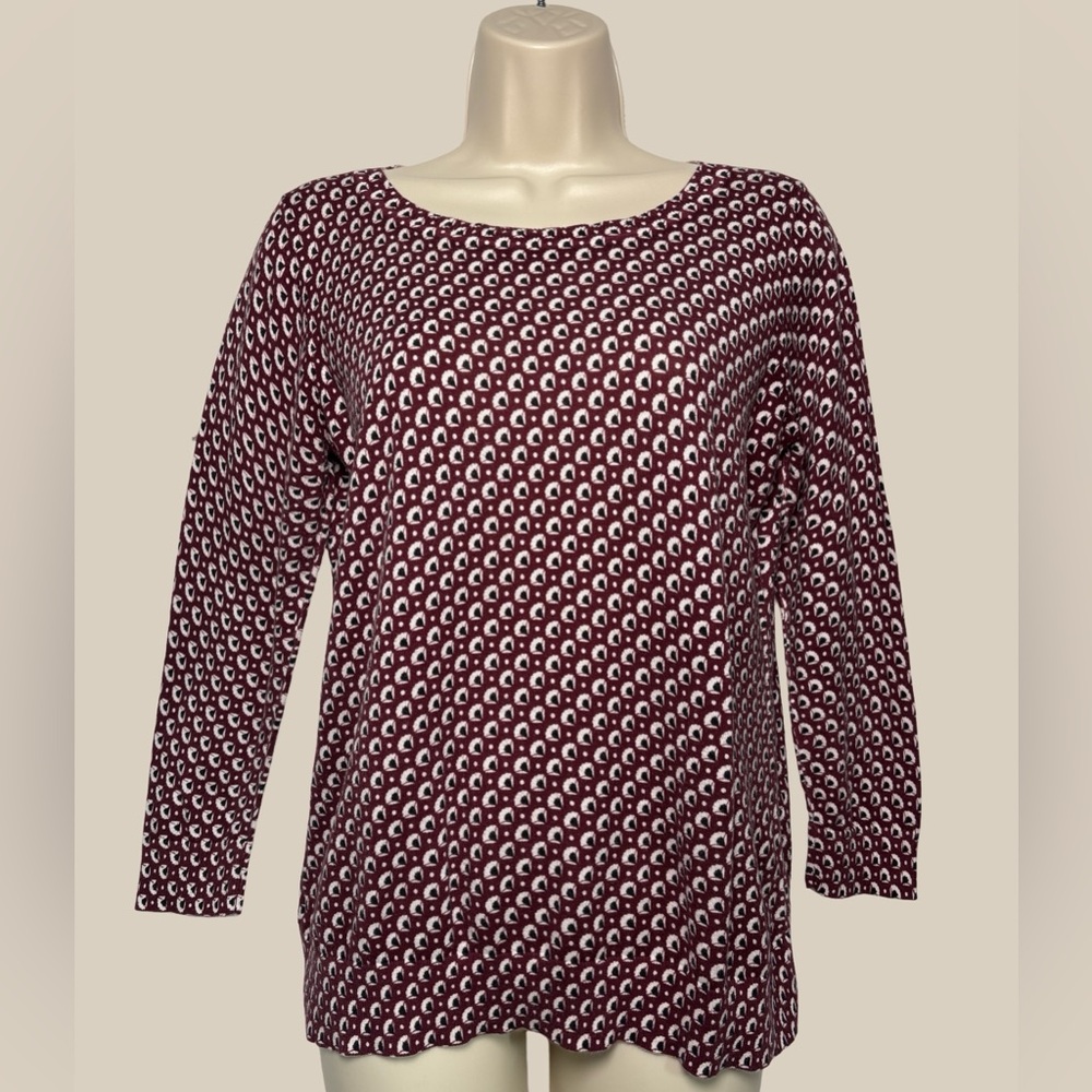 LOFT  Maroon Geometric Print 100% Cotton Knit Lightweight Sweater Button Back M